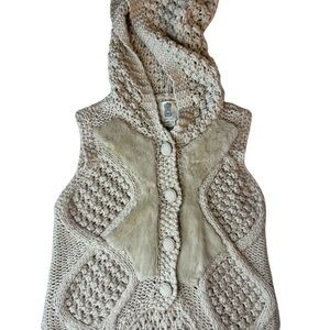 Chunky Knit Hooded Sweater Vest Faux Fur Cottagecore Boho Cozy Cream L